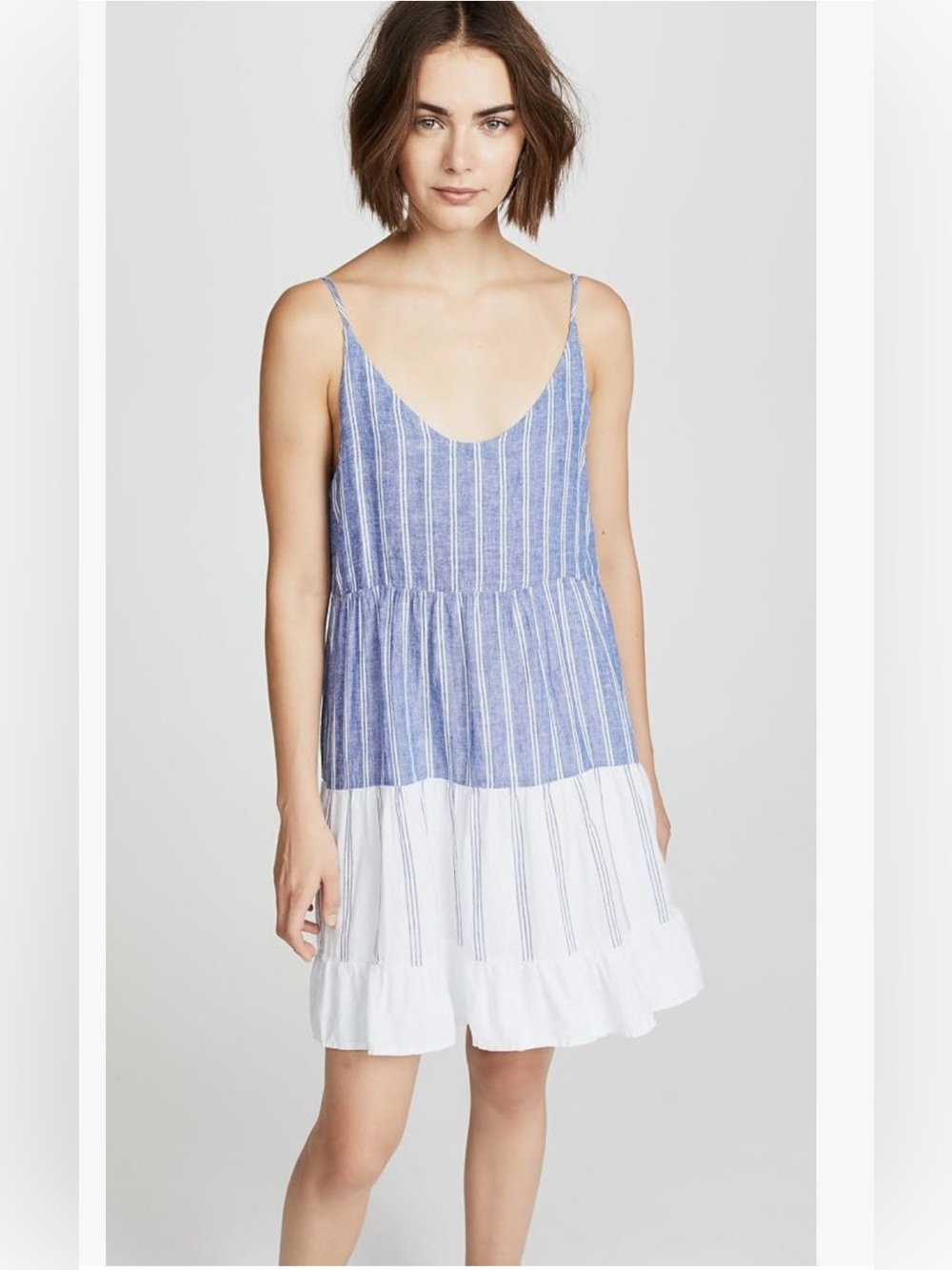 Rails Mattie Mixed Blues Stripe Linen Blend Tiered Mini Dress M Blue White